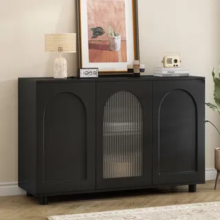 Merax Kommode Sideboard Modern, 3 U-förmiges Tür, inkl. Glastür, Push-to-Open, Esszimmer, Küche & Wohnzimmer, 120 cm Kommode, Schwarz - Schwarz