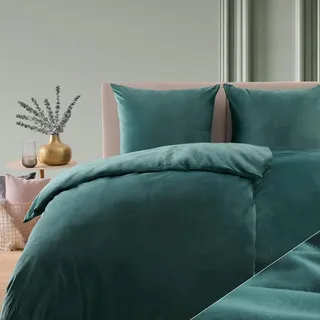 Blumtal Bettwäsche 200x200 & 2x 80x80cm Cashmere-Touch Plüsch in Petrol - Petrol