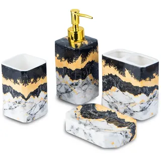 4-teiliges Badezimmer-Zubehör-Set – Schwarz und Weiß, inklusive Lotionspender, Zahnbürstenhalter, Becher und Seifenschale – glänzende Oberfläche (Marmor, Schwarz und Weiß)