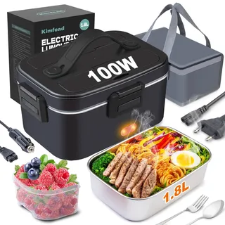 Kimfead Elektrische Lunchbox 100W 1,8L Edelstahl Entnehmbare Tragbarer brotdose 12V/24V/230V Insulated Wärmebox Auto/Lkw/Büro, Mit Isolierter Tasche(1.8L-Schwarz)