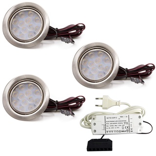 vislux 3er Set LED Möbelleuchte Einbaustrahler Edelstahl Gebürstet flach 3W warmweiß 3200K 200lm 12V + 15W LED Trafo 230V für das Wohnzimmer, Küche und Bad