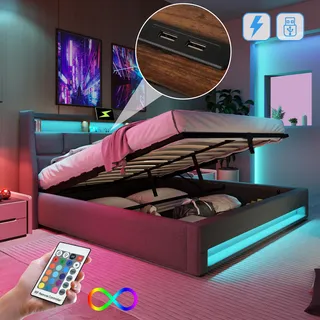 Flieks Polsterbett 180x200cm mit USB, Jugendbett Doppelbett mit Lattenrost und Stauraum, Stauraumbett mit LED, Leinen, Grau - Grau