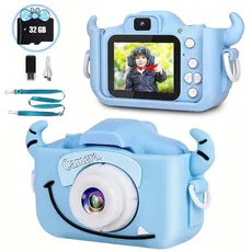 Kinderkamera,DKKD 2023 Upgrade Kinder Digitalkamera 20MP 1080P Selfie Anti-Drop Silikonhülle Kinder Kamera mit 32G Karte für 3-12 Jahre Junge,Blau