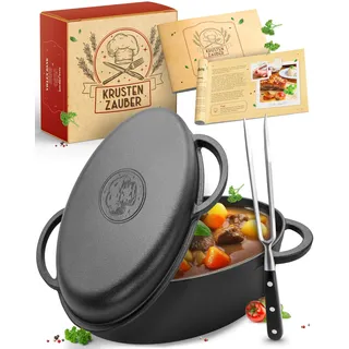 KRUSTENZAUBER 35cm Gusseisen Bräter mit Deckel backofengeeignet [inkl. Fleischgabel] - Gusseisen Topf XXL - Idealer Schmortopf Kazan, Bräter Induktion, Gusseisenpfanne backofengeeignet