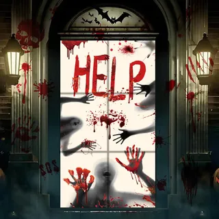 Forbabe Halloween Deko Horror Fenster, Blutige Fensterdeko Türdeko | für Outdoor Innen Garten Party, 2 Stück 155x70cm Halloween Tür Fensterbilder + 8 Sets 35x25cm Blutiger Handabdruck Aufkleber