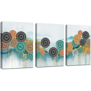 3 Pcs Leinwandbilder Bilder mit Rahmen Bunte Kreise bild auf leinwand Grüne natur Landschaft Wandkunst Wandbilder Kunstdruck Deko für Wohnzimmer Schlafzimmer fertig zum Aufhängen 90x40cm(30x40x3)