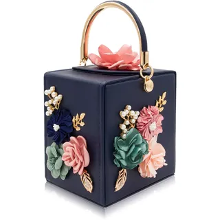 Milisente Damen Abend Clutch-Bag für Floral Square Box-Abend-Beutel Crossbody Schulter Handtaschen Blumen-Hochzeit Kupplungs-Geldbeutel Mittel Blau