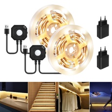 LED Strip Bewegungsmelder 3M,LED Bettlicht mit PIR Bewegungssensor, Warmweiß LED Streifen mit Automatischem Abschalt Timer,Nachtlicht mit Bewegungsmelder für Schlafzimmer,Treppe,Babybett (2 Pcs