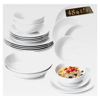 Geschirrset für 12 Personen, 48-teiliges modernes Porzellan Geschirr Set, Tafelservice mit 12 Speisetellern, Desserttellern, Suppentellern und Müslischalen, weiß - Weiß