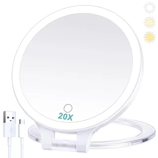 B Beauty Planet Kosmetikspiegel mit Beleuchtung 20fach,doppelseitiger 1x/20x kompaktspiegel,mit verstellbarem Klappgriff,kosmetikspiegel mit vergrößerung,wiederaufladbar, 3 Farblichter