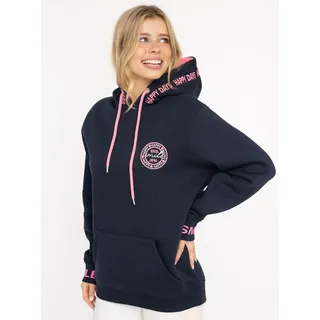 Hoodie ZWILLINGSHERZ "Happy Days", Damen, Gr. S/M, blau (marine), Sweatware, Obermaterial: 50% Baumwolle, 50% Polyester, unifarben mit Farbeinsätzen, comfort fit hüftlang, ohne Ausschnitt, angesetztes Bündchen, Sweatshirts Hoodie, gestickte pinke Details, Kapuze, Kordelzug, Tasche vorne, Rippbündchen