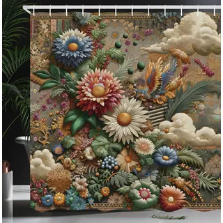 ABAKUHAUS Blumiger Eukalyptus Duschvorhang, Rokoko Mittelalterlicher Stil Bunte Blumen Wolken Art Nouveau Garden, Stoffliches Gewebe Badezimmerdekorationsset mit Haken, 175 x 200 cm, Sepia Mehrfarbig