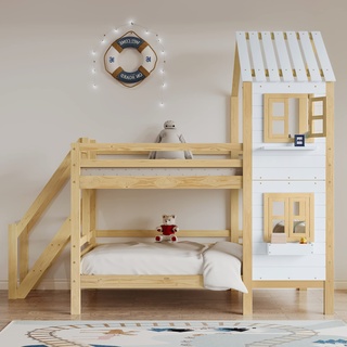 Merax loft Bed 90x200cm, bunk Bed House Bed with Stairs, handrail and Window, cot with Fall Protection, Youth Bed with roof and small Shelf, 2 slatted Frames, for 2 Children, White+Natural