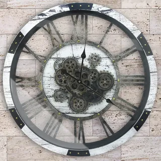 DORBOKER Große Wanduhr im Landhausstil aus Holz mit beweglichen Zahnrädern, HD-Hartglasabdeckung, rustikale, übergroße Steampunk-Wanduhr im Industrie-Look für Wohnzimmer, als Dekoration, für Zuhause,