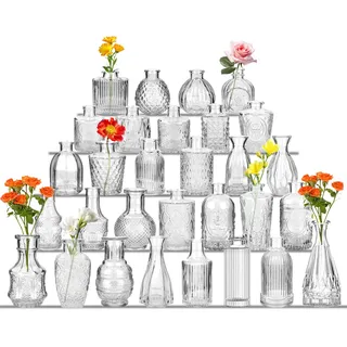 ZgoEC 30pcs Vasen Set Kleine Vasen für Tischdeko, Vintage Kleine Glasvasen Set Hochzeitsdeko, Mini Blumenvasen Tischdekoration, 30 Muster Mini Vase Tischdeko für Party, Budvasen Geschenk