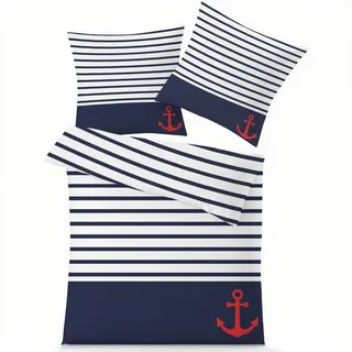 GEDAEUBA Maritim Anker Bettwäsche 155x220 - Marineblau Weiß Gestreift Bettbezug, Wendebettwäsche und Kissenbezug 80x80, Weiche & Angenehme Mikrofaser Bettwäsche-Sets mit Reißverschluss