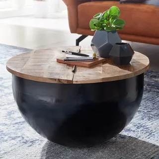 FineBuy Couchtisch Mango Massivholz Metall 60x34x60 cm Industrial Style Rund Wohnzimmertisch mit Stauraum Moderner Loungetisch Sofatisch Schwarz - Schwarz