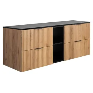 Badezimmerschrank, Eiche Craft / Schwarz + schwarzer Griff, 140 x 57 x 46 cm - Braun