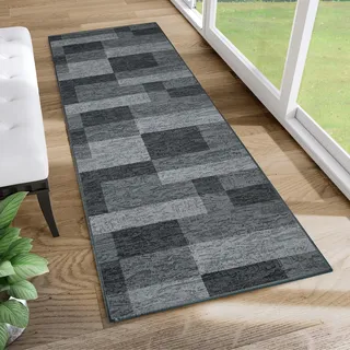 TAPISO Anti Rutsch Teppich Läufer rutschfest Brücke Meterware Modern Bsalt Dunkelgrau Viereck Geometrisch Design Flur Küche Wohnzimmer Diele 120 x 500 cm