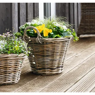Pflanzkorb "Rattan" rund, groß, Ø 40x30 cm, grau gekalkt, Blumentopf, Pflanztopf, Pflanzkübel für Draußen, Blumenkübel