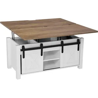 1000 mm hoher Couchtisch im Landhausstil mit Klappplatte, rustikaler Mitteltisch mit Scheunentür und verstecktem Stauraum, moderne rechteckige Klappplatte für Wohnzimmer, Büro, Zuhause, einfache Montage, braun - Braun