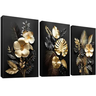 3 Panels 3D Schwarz Gold Blumen Mit Rahmen Leinwand Bilder Monstera Kokosnuss Blätter Bild auf Leinwand Malerei Poster Wandbilder Wohnzimmer Schlafzimmer Badezimmer Wanddeko 90x40cm (12"x16"x3pcs)