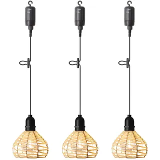 KSIBNW 3x Hängelampe Außen Hängeleuchte mit Batterie, Innen Batteriebetriebene Lampe Fernbedienung Rattan Boho Tragbare Pendelleuchte Wasserdicht Outdoor Beleuchtung Timer Dimmbar Höhenverstellbar