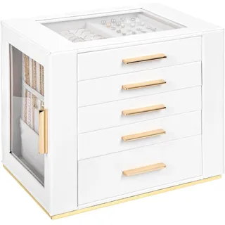 Yieseang Schmuckaufbewahrung Groß,Schmuckkästchen Mädchen,Schmuck Organizer Schublade,Schmuckkasten mit Glasdeckel,Jewelry Box für Ohrringe,Uhren,Ringe,Schmuckbox für Weihnachten,Valentinstag,Weiß