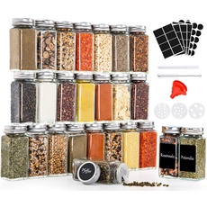 Gewürzgläser Eckig 25 Stk, Gewürz Organizer 120 ml, Gewürzdosen mit streueinsatz - Gewürzetiketten - Trichter - Reinigungsbürste - Marker - Spice Jars