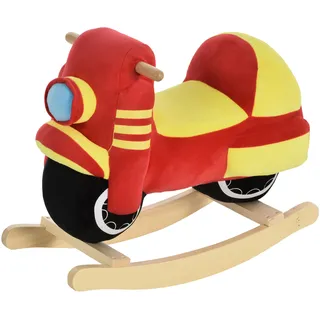 HOMCOM Kinder Schaukelpferd Baby Schaukeltier Motorrad mit Motorrad Sound, Schaukel Schaukelspielzeug Haltegriffe für 18-36 Monate Plüsch Rot+Gelb 60x25.5x48 cm