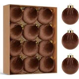Miaikoe Weihnachtsbaum Ornamente Samt Kugeln, 12 Stück Kunststoff zerbrechfeste Weihnachts hängende Kugeln für Weihnachtsdekoration Winter Urlaub Dekor 8 cm Braun