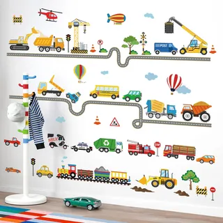 decalmile Wandtattoo Transporte Straße Auto Wandaufkleber Fahrzeuge Bagger Traktor Wandsticker Kinderzimmer Babyzimmer Spielzimmer Wanddeko