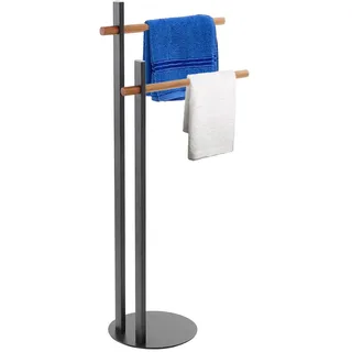Avilia Eleganter Handtuchhalter für das Badezimmer von Avilia Home, aus schwarzem Metall und beigefarbenem Bambus | Badezimmerständer mit 2 Haken | Organisation und Stil für das Badezimmer