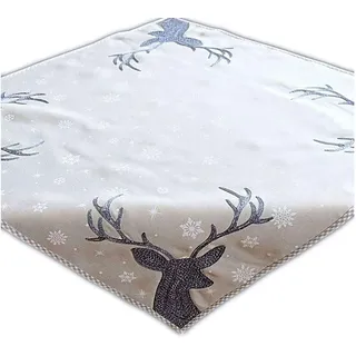 Quadratisch Polyester Tischdecke 85 x 85 cm hellgrau weiß eisblau Stickerei 'Hirsch' Weihnachten Weihnachtsdeko Weihnachtstischdecke Mitteldecke Tischdeko