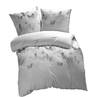 etérea Mako Satin Baumwolle Bettwäsche Lilu Schmetterlinge 155x220 2er Set - mit Reißverschluß - 00 - Bettbezug mit Kissenbezug - 155 x 220 + 80 x 80 cm - Grau - Grau