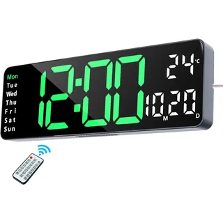 Lafocuse Digitale Wanduhr LED Groß Display 13", Digitaluhr mit Fernbedienung, Temperaturanzeige, Datum, Wecker, Helligkeit Regelbar, 12/24HR, Einfach zu Lesen für Wohnzimmer Küchen Büro, Grün