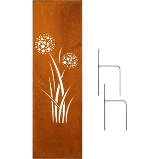Edelrost Garten Sichtschutz, Wand, Rost, Sichtschutzwand Metall 160x50 cm Pusteblume inkl. Bodenanker