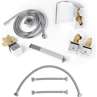 Melko Badewannenarmatur Wannenrandarmatur Chrom Badezimmer Armatur Set mit Wasserfall Einlauf und Handbrause