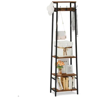 Miphlian Freistehender Garderobenständer, Garderobe mit 3 Regalen und 7 Haken, Hall Tree Stehorganizer, Kleiderständer Organizer, Industriestil, Rustikales Braun & Schwarz