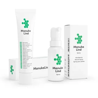 ManukaLind Wundheilspray (30ml) + Wundheilsalbe (75g) mit antibakteriellem Manuka-Honig (MGO 514+), für alle Phasen der Wundheilung, viele Wundarten, Fördert die Heilung schwerwiegender Wunden