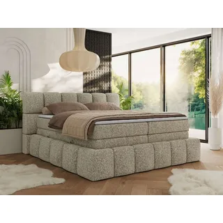 MKS Meble Boxspringbett 200 x 200 mit bettkasten NIRA KING, Polsterbett 7 Zonen Multipocket-Matratze und Topper, Doppelbett - Dunkelbeige Strukture - H3 - Beige