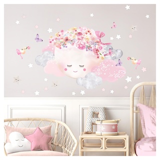 DEKO KINDERZIMMER Wandtattoo rosa Mond & Wolken Wandsticker Sterne Babyzimmer Wandaufkleber Kinderzimmer Wanddeko DK1080-2