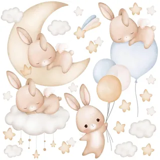 Muralo Wandsticker Kaninchen Wolken Sterne Ballons 60x30 , Gelb, Braun, Beige , Papier , Tiere, Märchen/ Fantasie , Rechteckig , 60x30x1 cm , Tapeten & Wandverkleidungen, Wandtattoos & Sticker, Wandtattoos