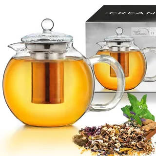 Creano Teekanne aus Glas 1,7l, 3-teilige Glasteekanne mit integriertem Edelstahl Sieb und Glasdeckel, ideal zur Zubereitung von losen Tees, tropffrei, All-in-one