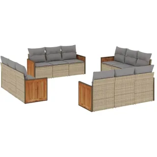 vidaXL 12-tlg. Garten-Sofagarnitur mit Kissen Beige Poly Rattan - Grau
