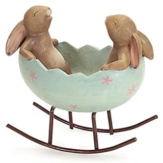 KiaoTime Set von 2 Vintage rustikal Land Bunnies Figur Deko Ostern Decor Kunstharz Bunnies Kaninchen Ei Figur Hase Statue Bunnies in a Cradle Green, Brown