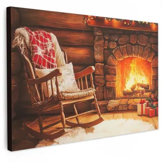 MuchoWow Leinwandbild Winter - Weihnachten - Zuhause - Kamin Wanddeko 90x60 cm , Bernsteinfarben , Textil , Kiefer , Rechteckig , 90x60 cm , FSC 100% , gerahmt , Bilder & Rahmen, Bilder, Leinwandbilder
