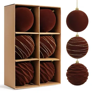 Miaikoe 6pcs Samt Weihnachts Ornamente Kugeln Sets für Weihnachten, Kunststoff zerstörungsdicht Weihnachtsbaum Flocked 10 cm Ornamente Kugeln für Winter Urlaub Dekor (Braun)