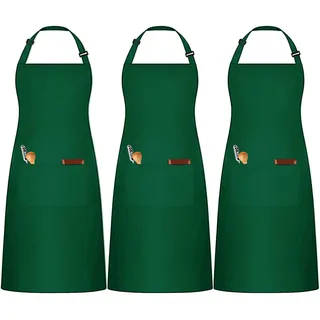 umboom 3 Stücke Grün Kochschürze, Verstellbare Küchenschürze mit 3 Taschen für Herren Frauen, Gastronomie Arbeits Schürze für Kellner Chef Friseur Barista Backen Bar (Polybaumwolle - Grün)
