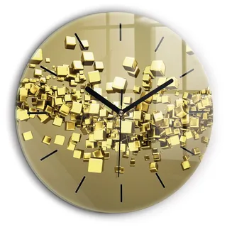 Wallfluent Große Wanduhr – Stilles Quarzuhrwerk - Uhr Dekoration Wohnzimmer Schlafzimmer Küche - Zifferblatt mit Striche - schwarze Zeiger - 60 cm - Goldene Quadrate - Gold